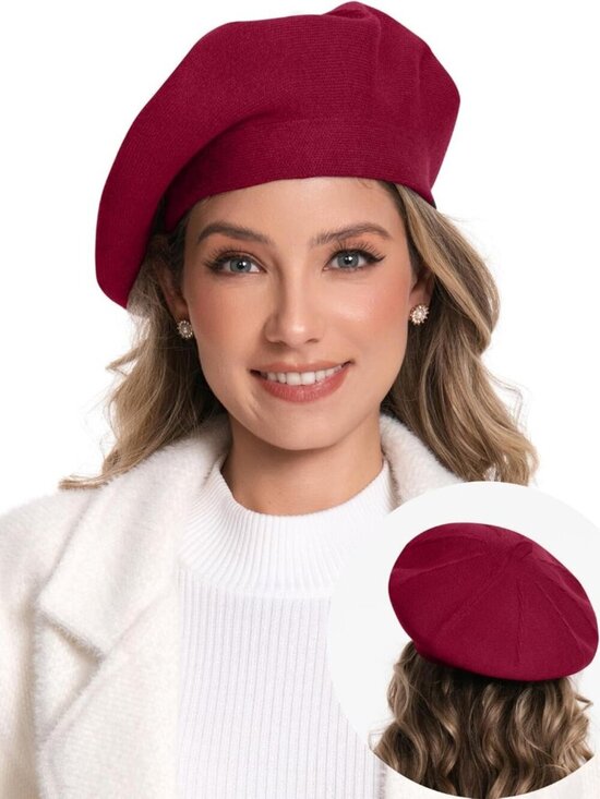 Women\'s French Style Double Layer Winter Autumn Warm,Soft Beanie Hat Cap DarkRed main image 4